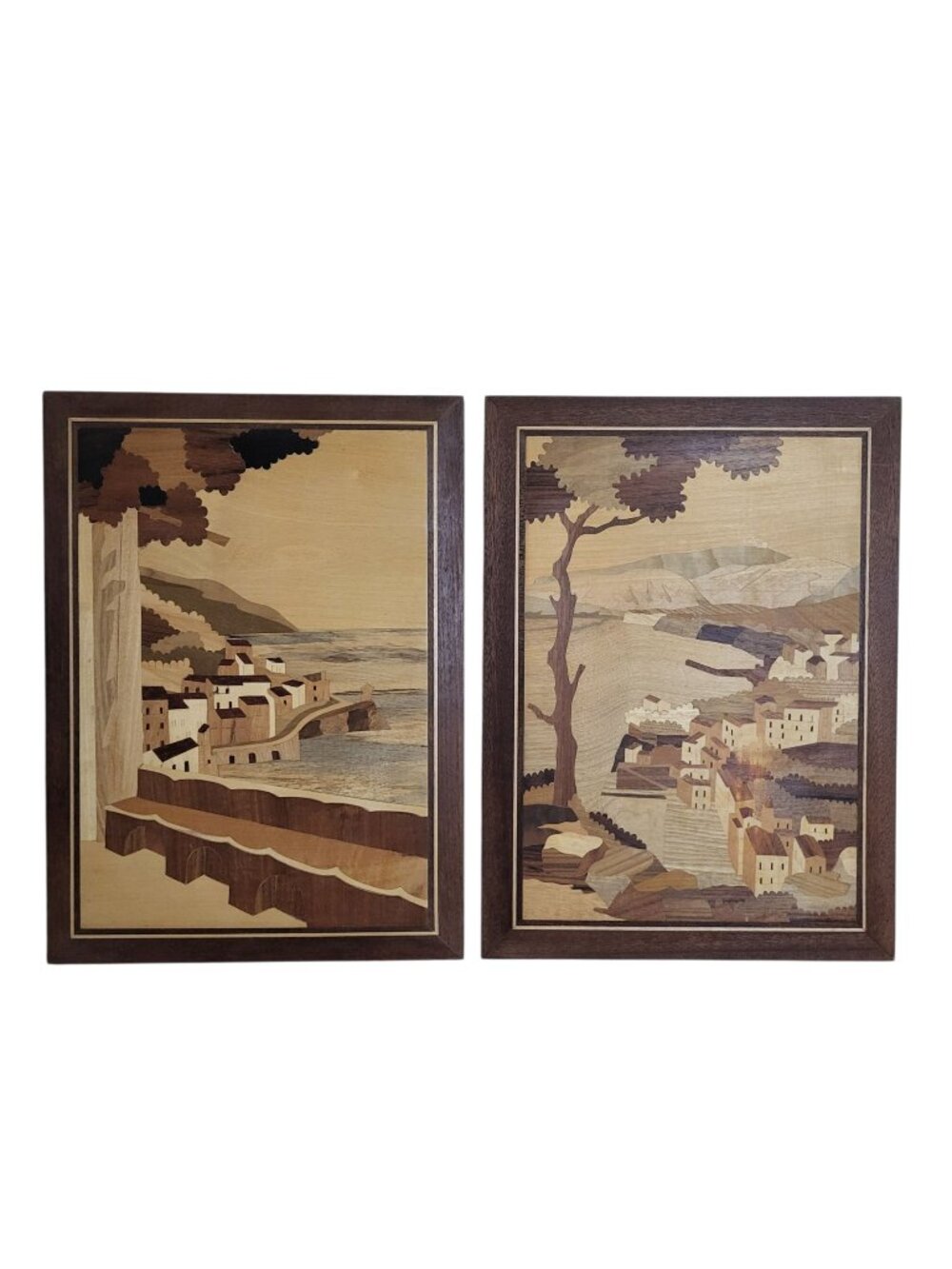 Set of 2 Vtg Wood Inlay Pictures Europe Italy Seaside Scenes 11x15 inches